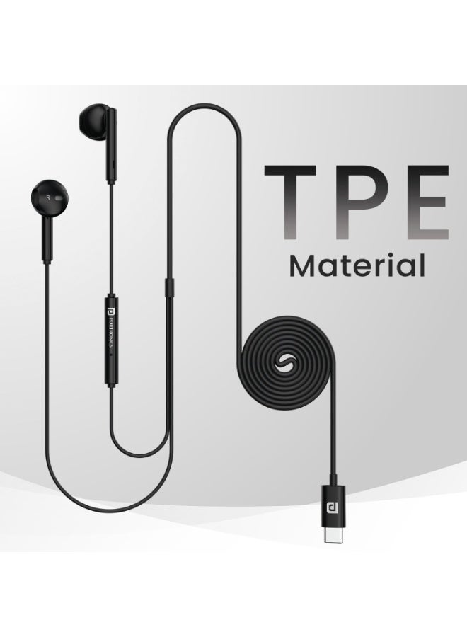 بورترونيكس Portronics Conch Theta C in Ear Type C Wired Earphones with in Line HD Mic, Powerful Audio, 14.2mm Driver, Unique Earbuds Design, TPE Anti Tangle Wire, in line Controls, Wide Compatibility(Black) - Image 2
